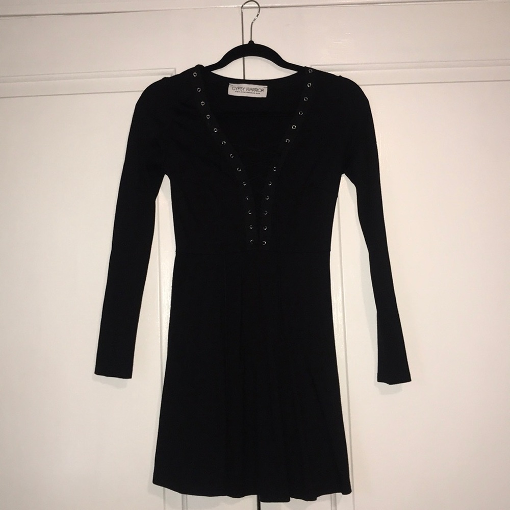 Black dress with cross string front.